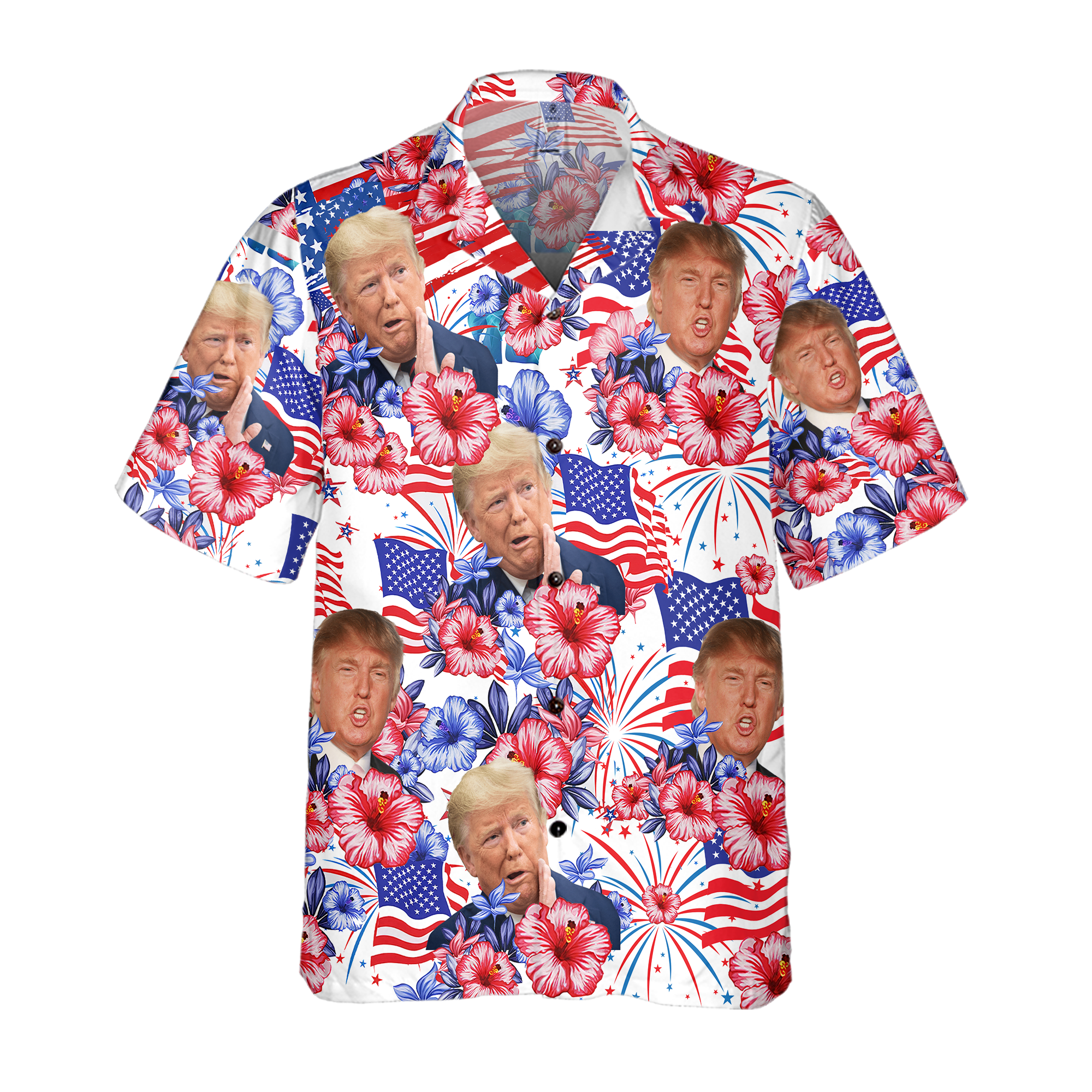 America Flag Tropical Flower With Trump Funny Face Hawaiian Shirt - GB-HW06