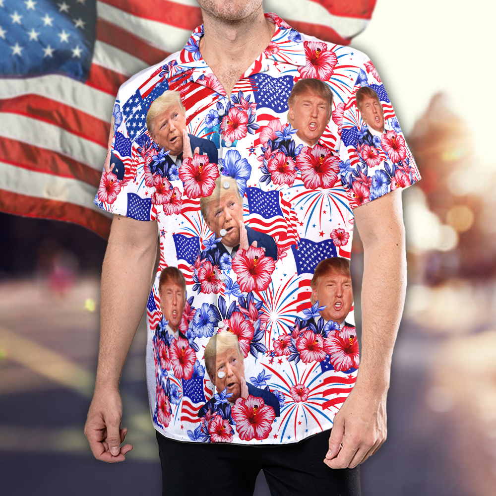 America Flag Tropical Flower With Trump Funny Face Hawaiian Shirt - GB-HW06