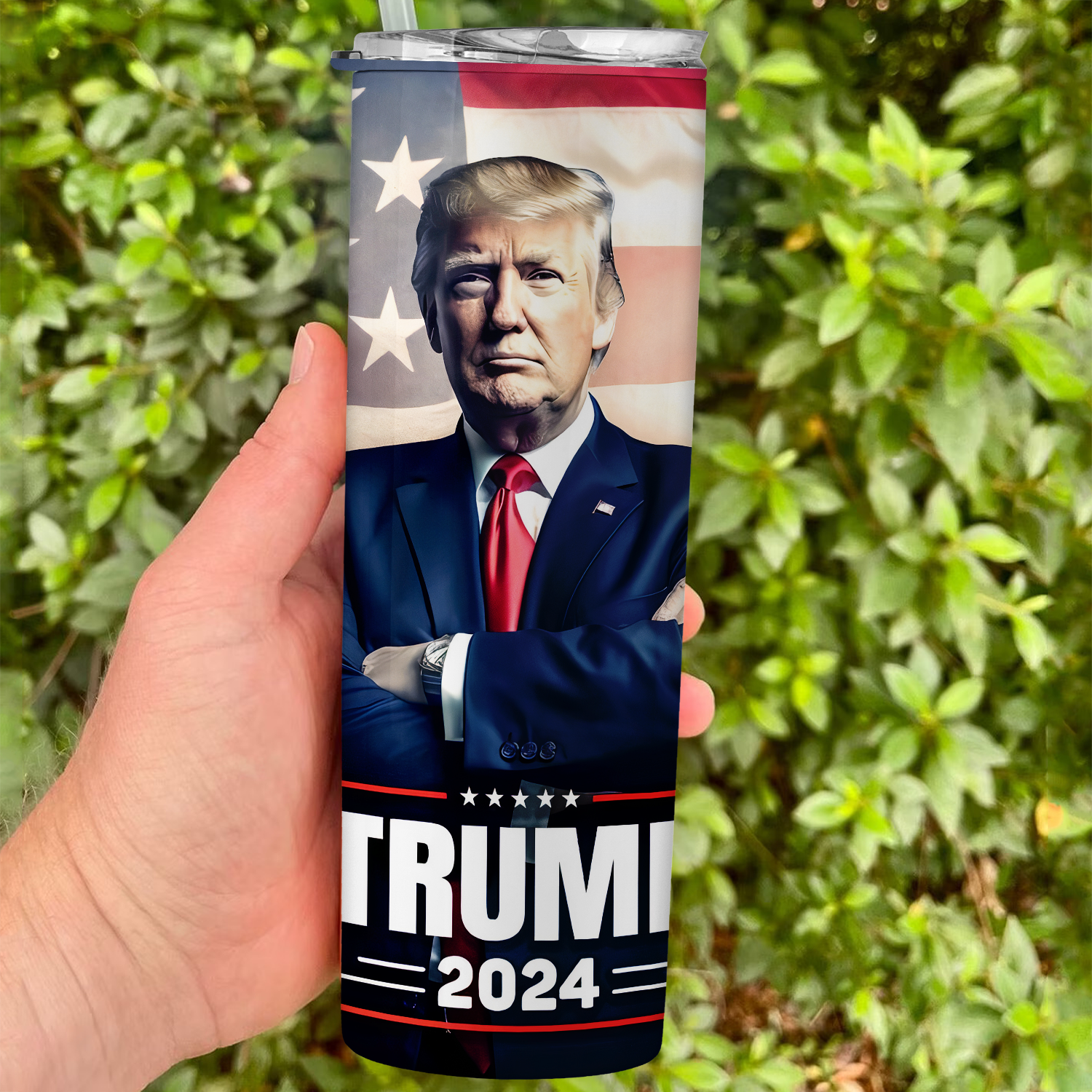 Trump 2024 With American Flag Skinny Stainless Steel Tumbler - GB-STL03